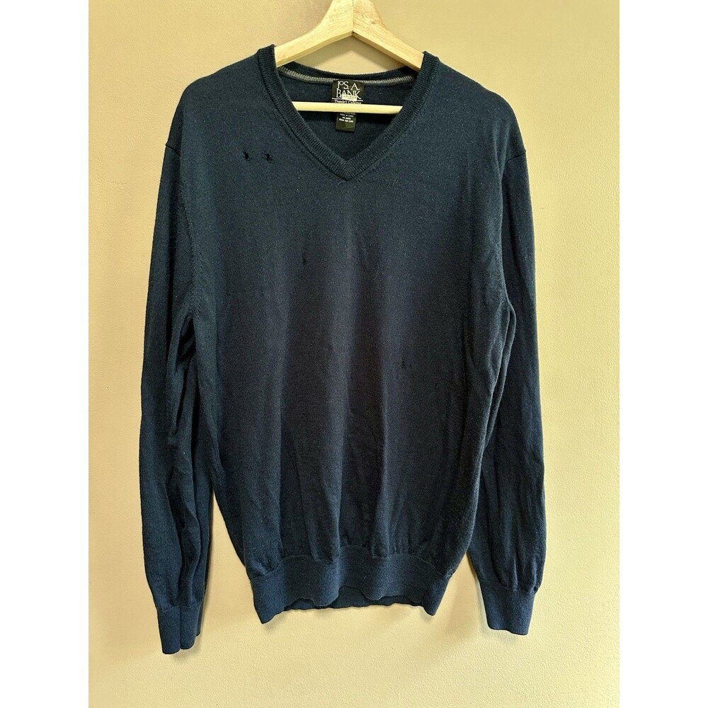 Jos A Bank Men's V-neck Long Sleeve Navy Blue Sweater 100% Merino‎ Wool Size XL